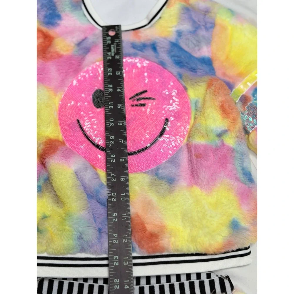 Baby Sara Kids Faux Fur Tie Dye Sequin Smiley Face Top and Pants Set Size 5